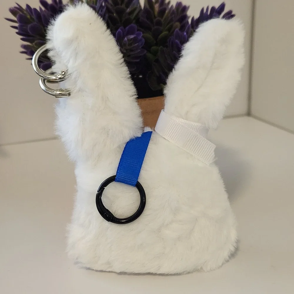 White Faux Fur Stitched Bunny Plush Bag Charm Blue Embroidery Pierced Ears 5